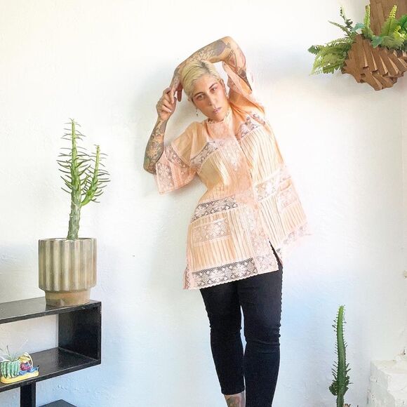 PINTUCKED 70’s 70s Vintage PEACH LACE MEXICAN Tunic Swim Cover Top Blouse Xl XXL - Picture 4 of 10